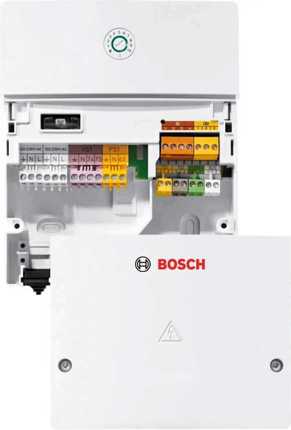 Bosch Modul mit Anschlussmöglichkeiten für elektrische Verbindungen, ausgestattet mit verschiedenen Steckplätzen und einem Regler. Gehäuse in Weiß.